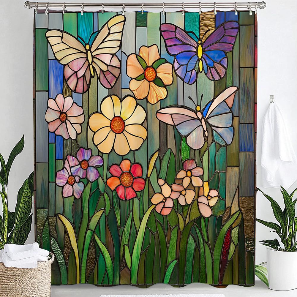 Colorful Butterflies And Flowers Screen Pattern Shower Curtain, Bathroom Decorative Shower Curtain, Home Curtain With Hooks