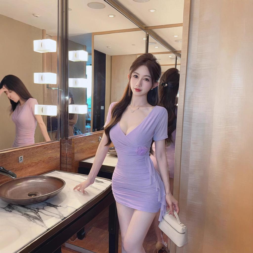 Sexy mesh short-sleeved v-neck dress female summer socialite waist slim slim and thin hip-wrapped short skirt