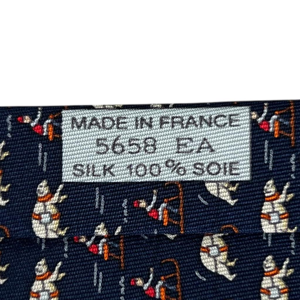 Excellent HERMES Tie Riding Pattern Navy Blue Silk Mens 5658 EA Used