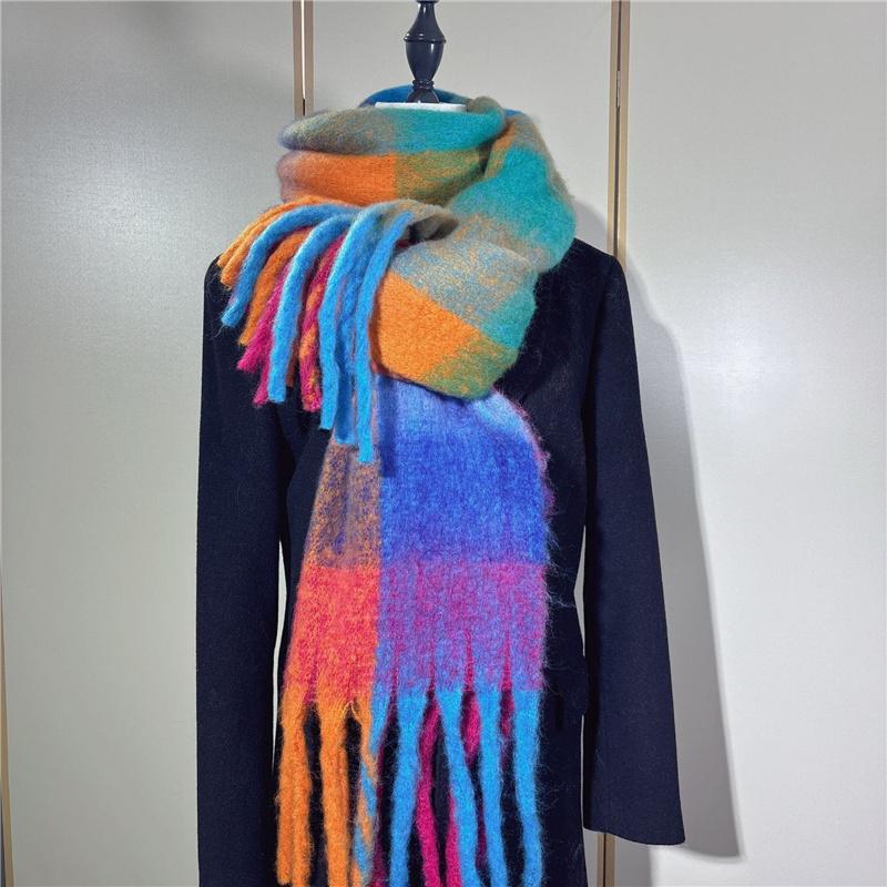 200x40cm Extra Long Wide & Thick Winter Scarf Fake Cashmere Fringe Shawl Rainbow Plaid Windproof Scarf Wrap for Women