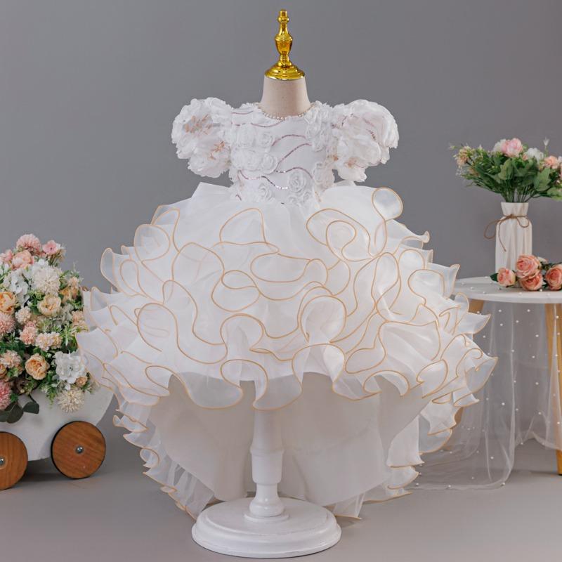 Rochie elegantă pentru copii cu mâneci bufante, broderii, o trenă și o fustă de prințesă pe straturi – perfectă pentru petreceri de ziua de naștere și ca rochie de domnișoară de onoare
