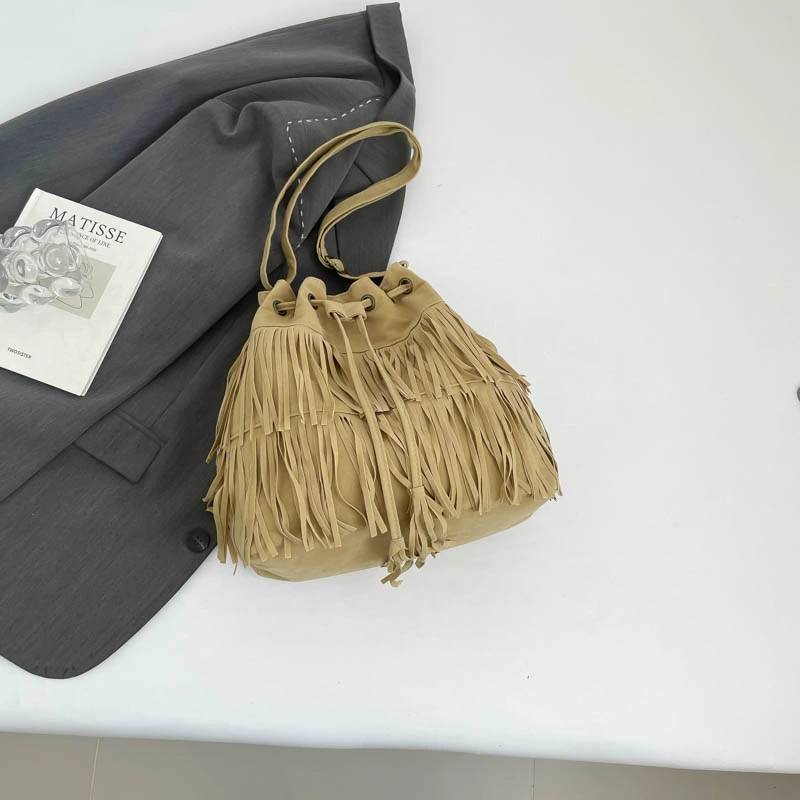 Pu Material Fringe Water Bucket Shoulder Bag With Zipper Pocket For Women