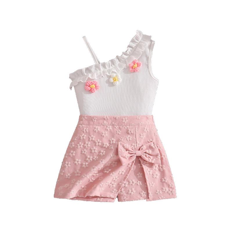 2026 Spring/Summer Girls' Asymmetrical Shoulder Camisole and Sweet Jacquard Bow Skort Set