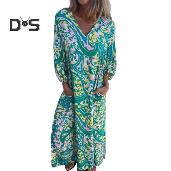 Bedrucktes Maxikleid für Damen, Frühling/Sommer, V-Ausschnitt, Boho-Urlaubskleid, lange Ärmel, lockeres Kleid mit Taschen für den Alltag, Partys, Strand