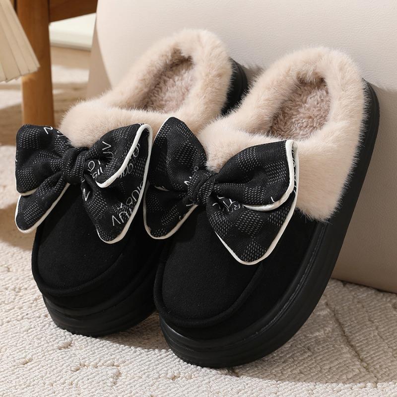 Fashion Thick Soled Women's Slippers 2024 New Winter Bow Decoration Home Interior with Plush Insulation Anti Slip Properties Platform