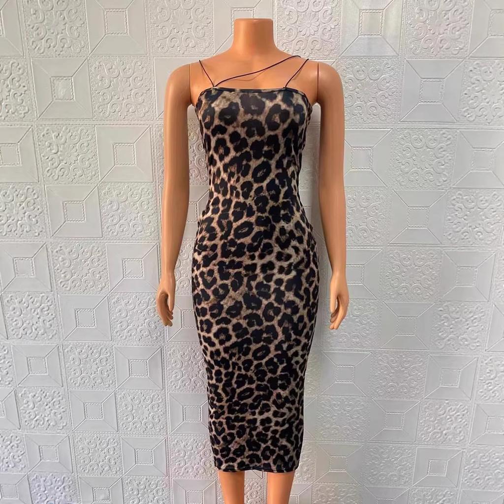 Frühling und Sommer Neuer Stil Trägerloses Ärmelloses V-Ausschnitt Leo-Print Midi-Kleid Damenkleid