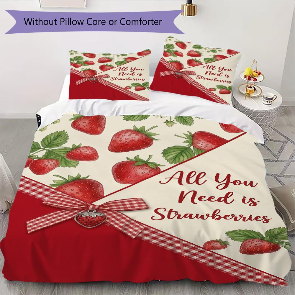 Strawberry and Love Pattern Bedding uilt Set uilt Cover Pillowcase Home Decoration Birthday Gift (1 * duvet cover + 2 * pillowcase without core)