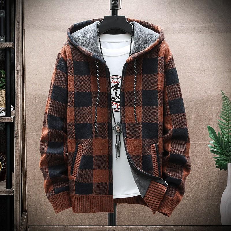 

Men s Winter Plaid Hooded Sweater Cardigan Autumn Fleece Zipper Warm Jacket Checkered Knit Jumper 3XL коричневый