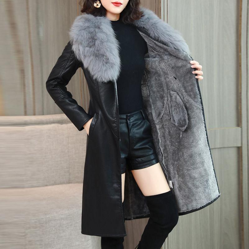 Big Fur Collar Fur Collar Autumn and Winter Leather Jacket Women's Plush Thickened Long Slim Waist Leather Jacket Long Sleeves