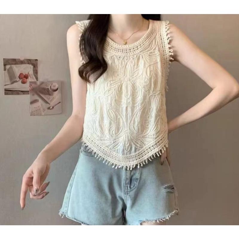 French Fringed Jacquard Knitted Vest Women's Summer Bohemian Style Outside Temperament Short Top Boho Romantic Waist Lifting Cropped Tank Top