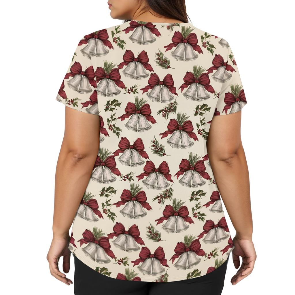 Women's Fashion Christmas Print V-Neck Short Sleeve Caregiver Work Top with Pockets