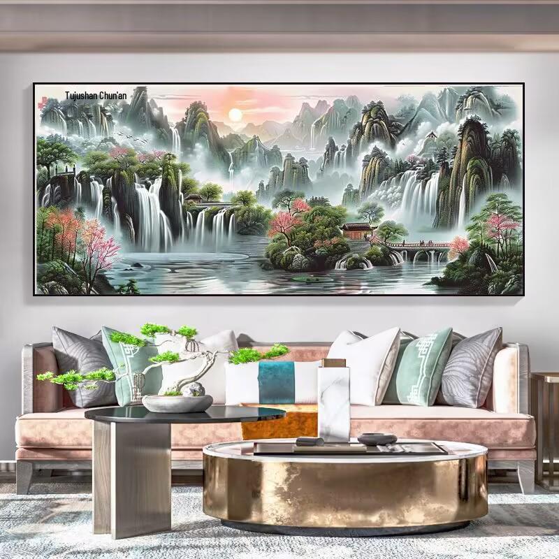 Flowing Wealth Landscape Cross-stitch: New Style Embroidery for Living Room or Study Room