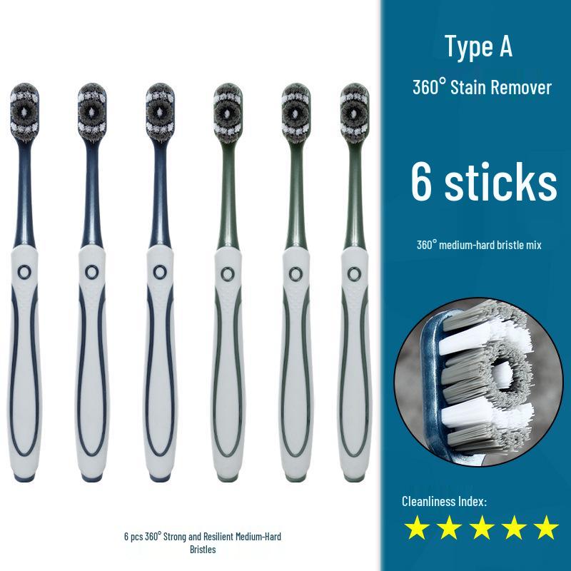 360° Medium-Hard Bristle Toothbrush for Effective Stain Removal - Spiral Filament, Soft Bristle, Adult Size