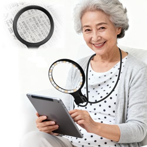 

Magnifying Glass with LED Light, 5x/10x Magnification, 13cm Diameter, USB Rechargeable, 3 Operation Modes: Neck Strap, Handheld, or Tabletop, Stand, f