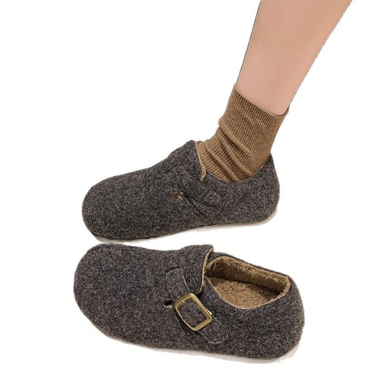 Retro Round Head Felt Fleece Women's Fleece Autumn and Winter Pedal Thermal Cotton Fluff Shoes New Cotton Shoes Women