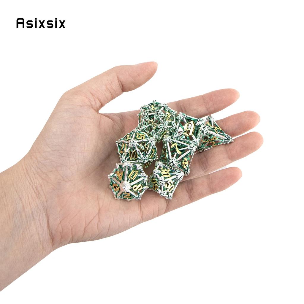 7 Pcs Silver Green Leaf Flower Metal Dice Hollow Metal Polyhedral Dice Set Suitable For Role-Playing Dice PropBoard Game Gift