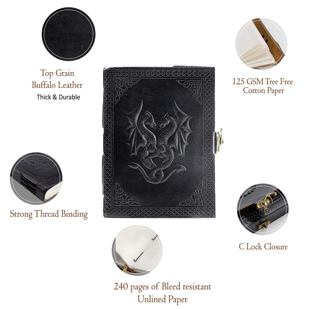 Passion Leather Handgefertigtes Notizbuch mit doppeltem Drachenmotiv, Unisex, unliniertes Papier, mittelgroßer Schreibblock, Künstlergeschenk, Komal's