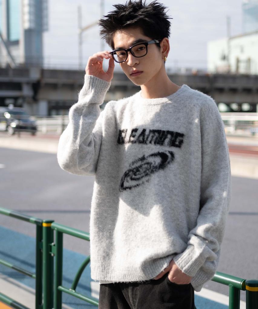 WEGO Unisex Shaggy Graphic Pullover Sweater Knit Oversized Big Size M Top, Casual, Silhouette, Gift, Present, Spring, Autumn, Winter, Men's, Gray,