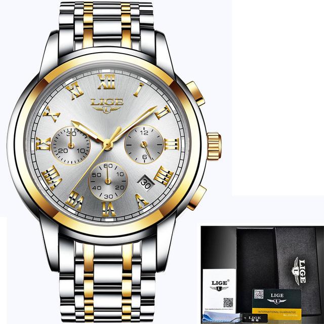 LIGE Waterproof Man Wristwatch Men's Watch Quartz Stainless Steel Band Chronograph Calendar Luxury Watches Relogio Masculino