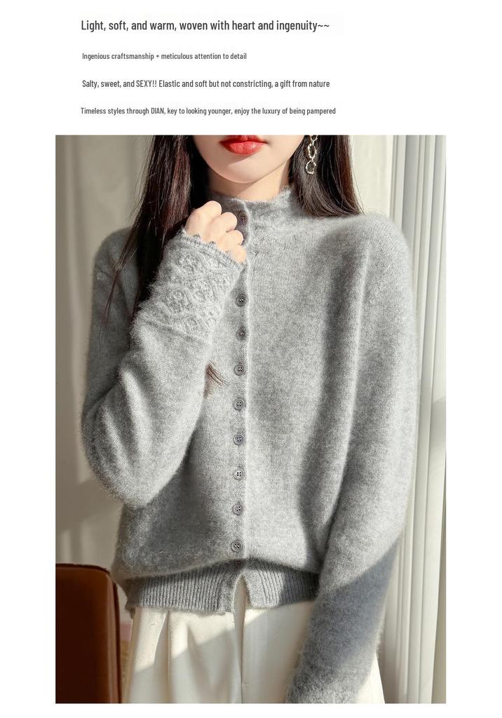Women's 100% Wool Half-High Collar Crochet Cardigan - New Year Knit Cashmere Sweater