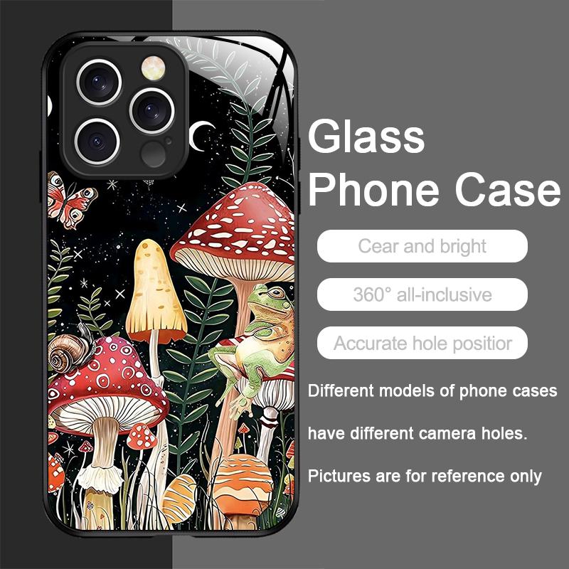Kreatywne etui na telefon ze szkła hartowanego z wzorem grzybów dla iPhone 17 16 Pro Max 15 14 13 12 Mini 11 X XS 7 8 Plus Pokrowiec