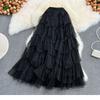 Long Skirts Womens Spring Korean Solid A Line High Waist Mesh Tiered Maxi Skirt Female