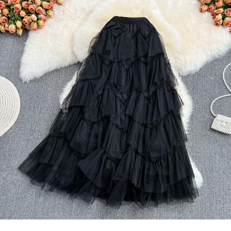 Long Skirts Womens Spring Korean Solid A Line High Waist Mesh Tiered Maxi Skirt Female