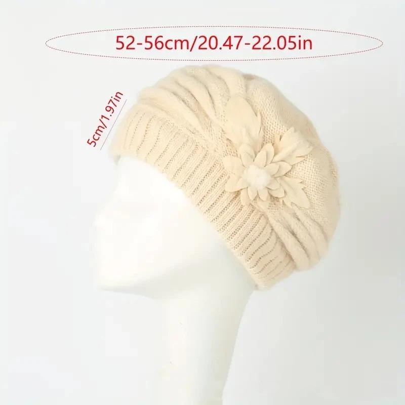 1Pcs Thickened Beret Warm Knitted Wool Hat Autumn Winter Mom Hat Diy Accessories Women'S Winter Flower Hat