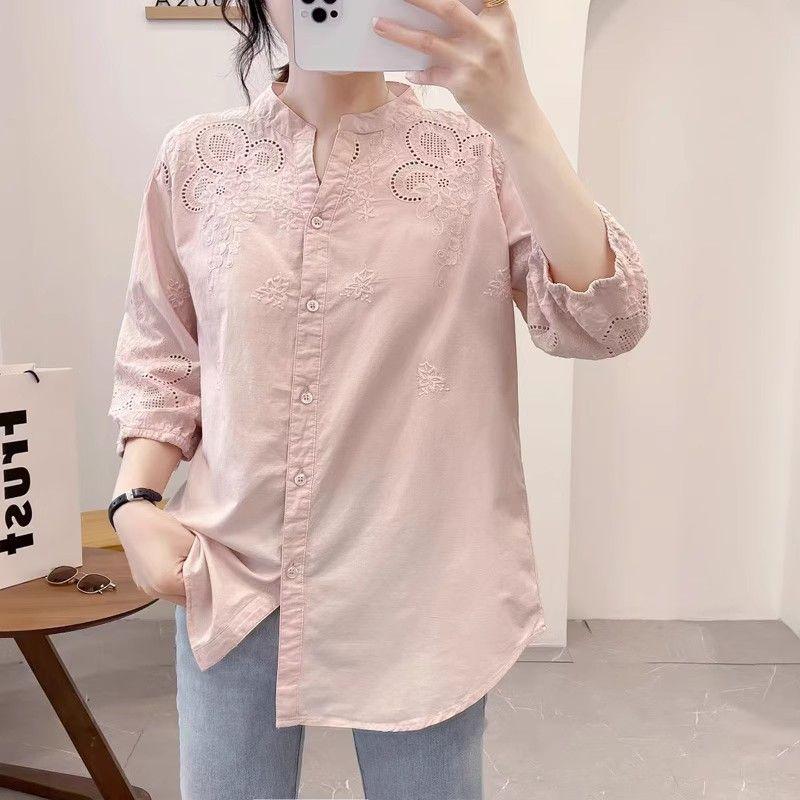 

Маленький V-образный вырез, свободный крой, универсальный, рукав 3/4, чистый хлопок, вышивка