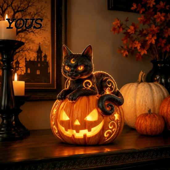 Dark Fantasy Room Accents Halloween Pumpkin Resin Lamp, Gothic Glowing Tabletop Decor for Home, Ornaments Spooky Dragon Ghost Black Cat Ornament,