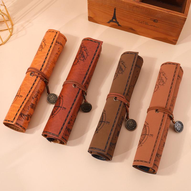 Vintage Treasure Map Design Roll Up Pencil Bag Large Capacity Leather Pen Case with Embossed Buckle Stationery Organizer