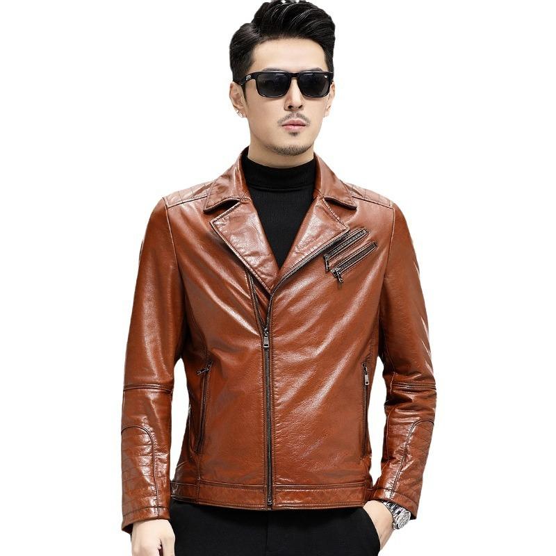 Genuine Leather Jacket Men's Slim Calfskin Motorcycle Leather Jacket Men's Genuine Leather Short Suit Collar Leather Jacket Thin Coat