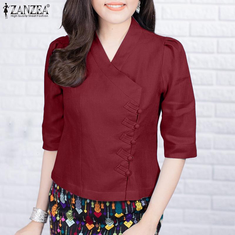 ZANZEA Women Summer V-Neck Solid Color Half Sleeve Blouse