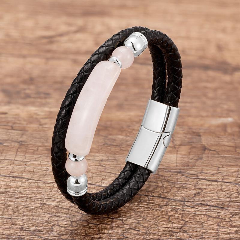 Minimalist Crystal Stone Bracelet Braided Leather Cord Stainless Steel Chain Waterproof Jewelry for Men Women Daily Use