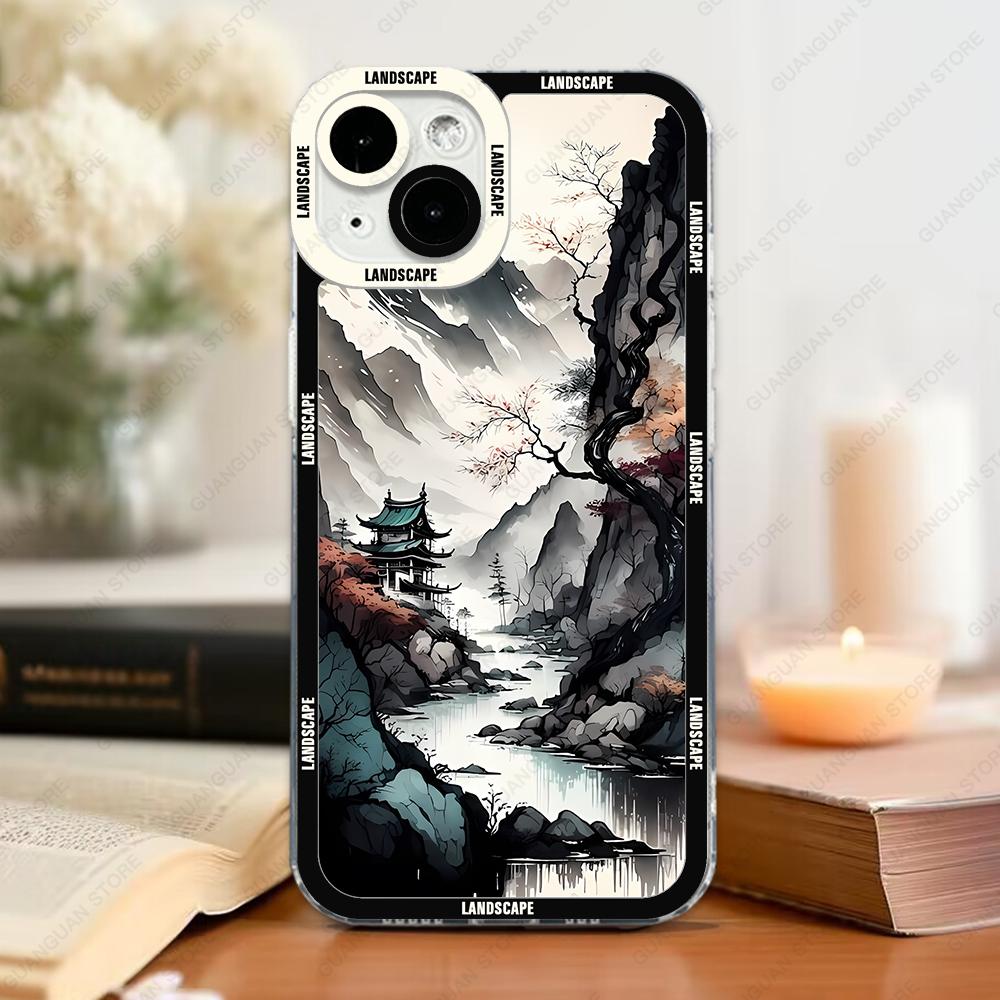 Ink and Wash Landscape Phone Case For iPhone 16 15 14 13 12 11 Pro Max XS X XR 7 8 SE Shockproof Back Cover