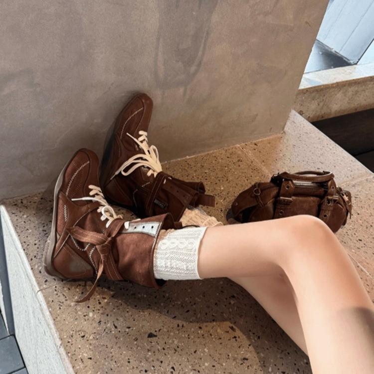 

Vintage leather Martin boots women s western boots color matching inner height increase strap short boots tooling boots 41