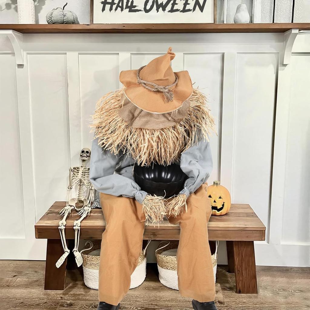 Halloween Decorations Animatronic Scary Sitting Scarecrow with Spooky Sound Glowing Eyes Props Decor for Home Party Indoor Porch Yard Decoration