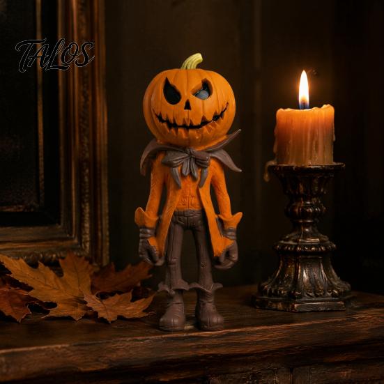 Dark Atmosphere Home Decoration Halloween Pumpkin Man Figurine, Retro Gentleman Head Resin Statue Holiday Gift for Lovers Ornament, Spooky Desktop