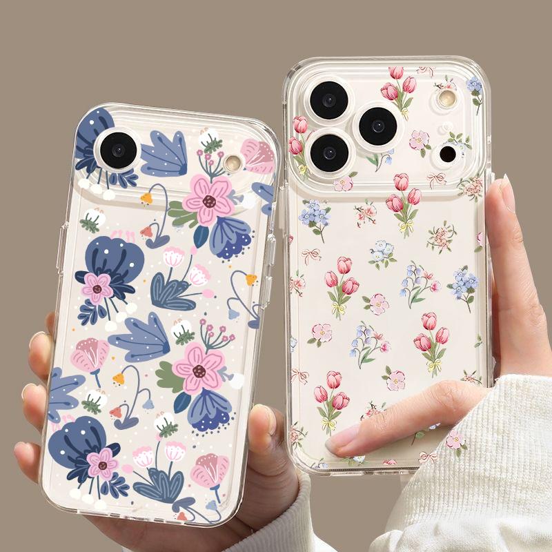 Cartoon Flower Pattern Clear Minimalism TPU Case For IPhone 17 Pro Max Air 11 15 12 14 13 16 Pro Max Plus 16e 17Pro Cute Cover