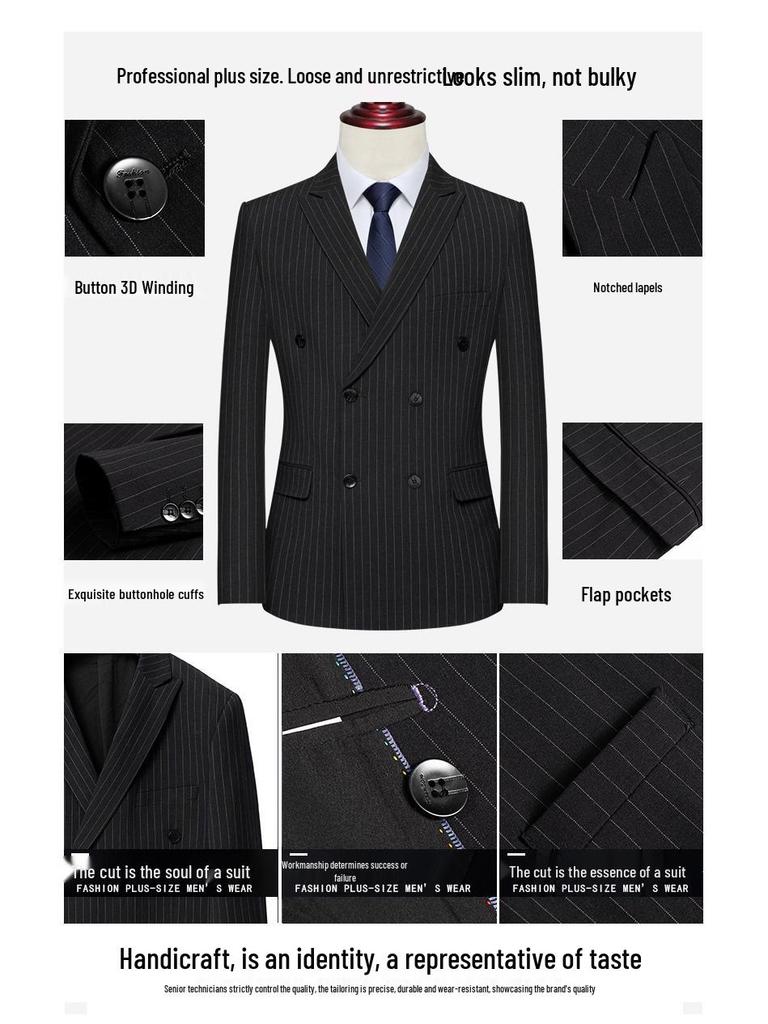 Men's Double-Breasted Striped Stretch Suit Set, Loose Fit, Plus Size for Big & Tall, Perfect for Weddings.