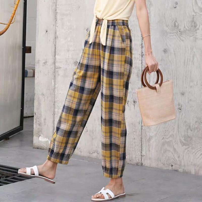 WTEMPO Plaid Pants Women Loose and Thin Elastic Waist Straight Casual Pants Size M-XXXXL