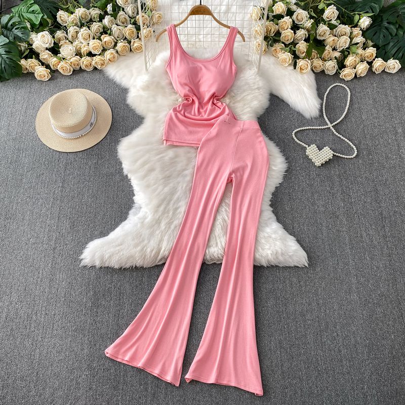 Gyaru Style Sleeveless Cami with Chest Padding Design Sense Pleat Waist Hugging Top + High Waist Slimming Trumpet pants Two-piece Set