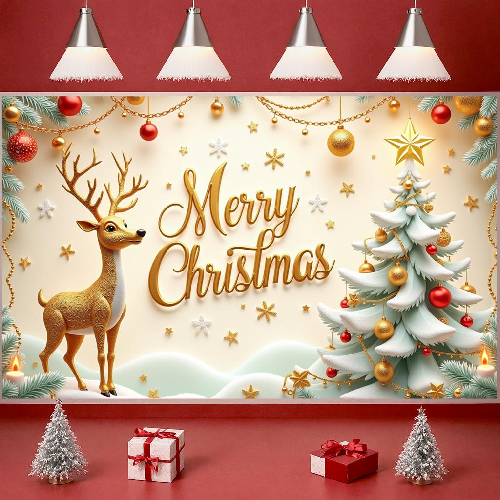 Christmas Tree Display Festive Gold Holiday Background Festive Background Holiday Decorative Reindeer Banner For New Year Party