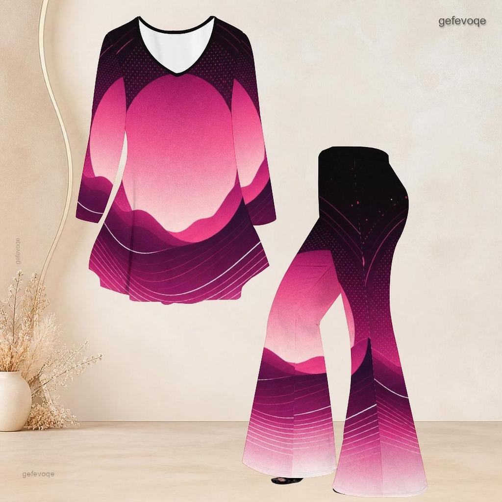 Women Plus Size Black Pink Purple Printed V Neck Three Quarter Sleeve Flared Top Flared Pants Two Piece Set