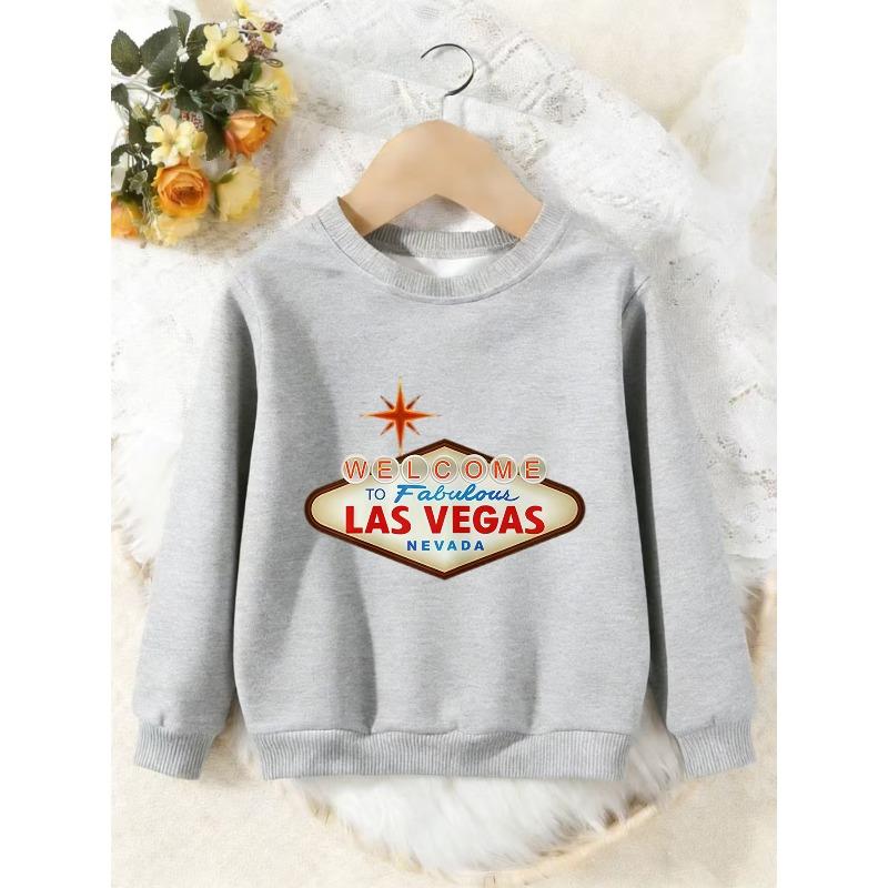 Unisex Kids Crewneck Sweatshirt, Welcome To Las Vegas Sign Print Pullover, Boys Girls Vintage Travel Casual Sweatshirt For Kids Over 4 Years Old