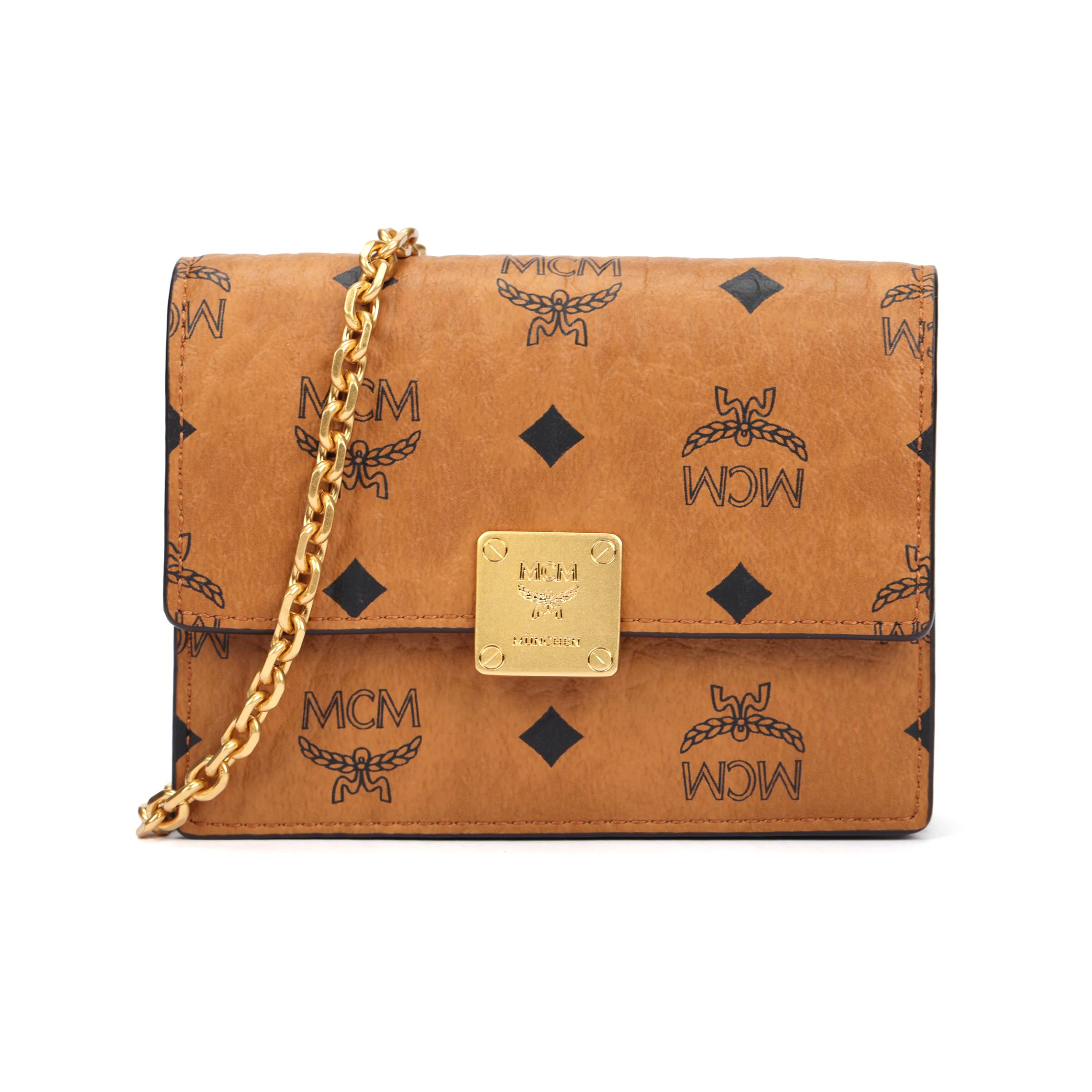 

MCM Cognac Visetos Monogram Tote Bag Gold Metal Plate Structured Shape Top Handles for Daily Travel & Work Use Basic Set (Bag+Dust Bag)