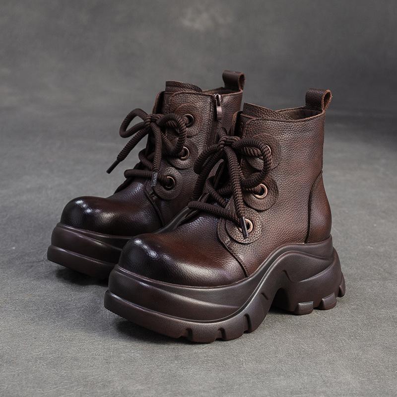 Johnature Runde Zehenpartie Plateau Kurze Stiefel Retro Echtes Leder Dicke Sohle Höhenvergrößernd Damenschuhe