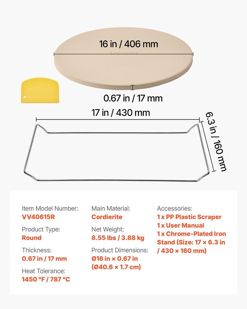 Pizza Stone, 406 Mm Round Cordierite Pizza Stone, Extra Large Baking-Stone with a Durable Stand, 17 Mm Thickness Heat-Resistant Cooking Cordierite,