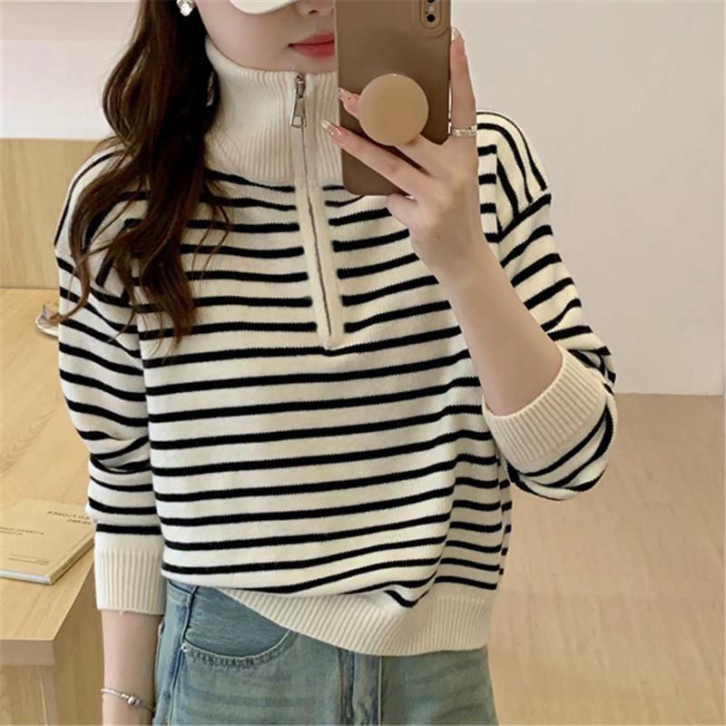 Flip Collar Half Zipper Striped Pullover Sweater for Women Autumn and Winter New Loose Knit Sweater