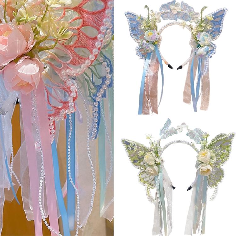 Pearls Headband Butterfly Ribbon Pageant Prom for School Play Stage Props